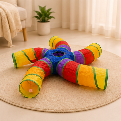Foldable Rainbow Starfish Cat Tunnel on a beige rug in a home setting