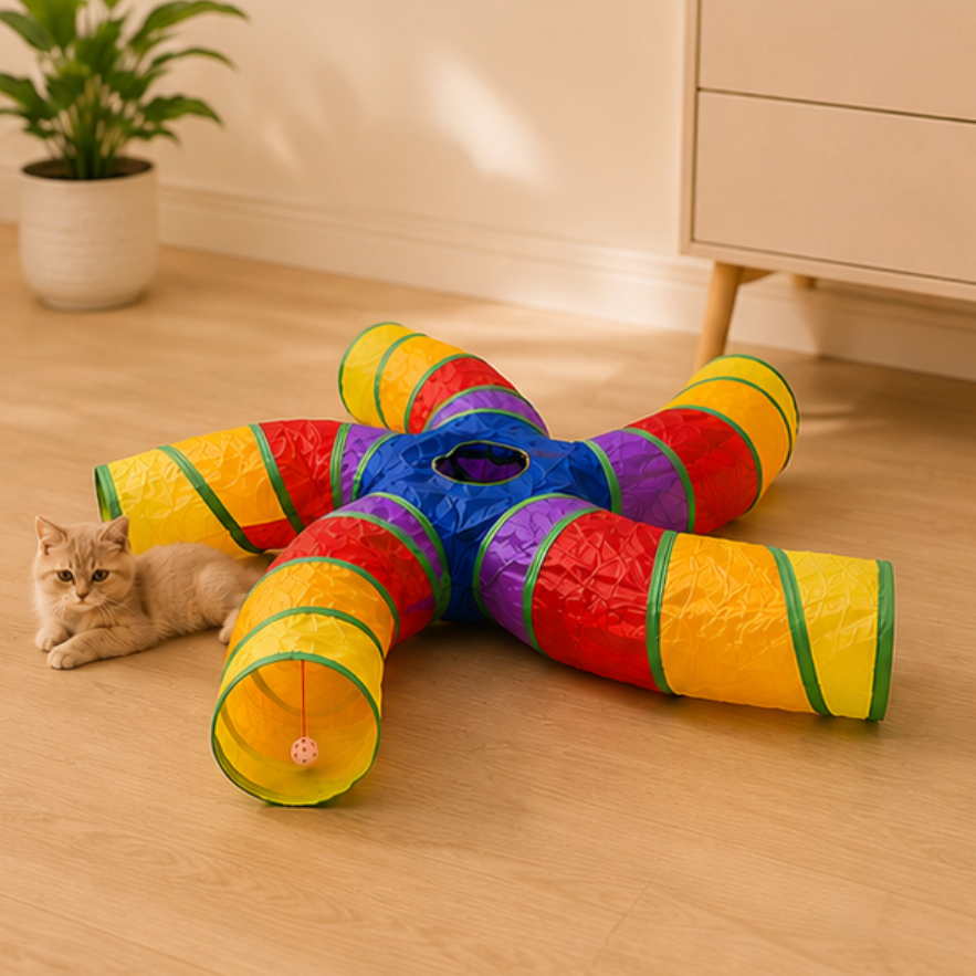 Foldable Rainbow Starfish Cat Tunnel on a wooden floor with a cat sitting next to it.