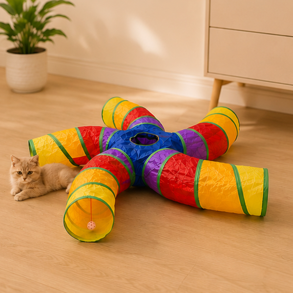 Foldable Rainbow Starfish Cat Tunnel on a wooden floor with a cat sitting next to it.