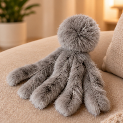 A gray faux fur octopus plush toy with a round head and four long tentacle-like limbs, resting on a beige fabric surface in a softly lit indoor setting.