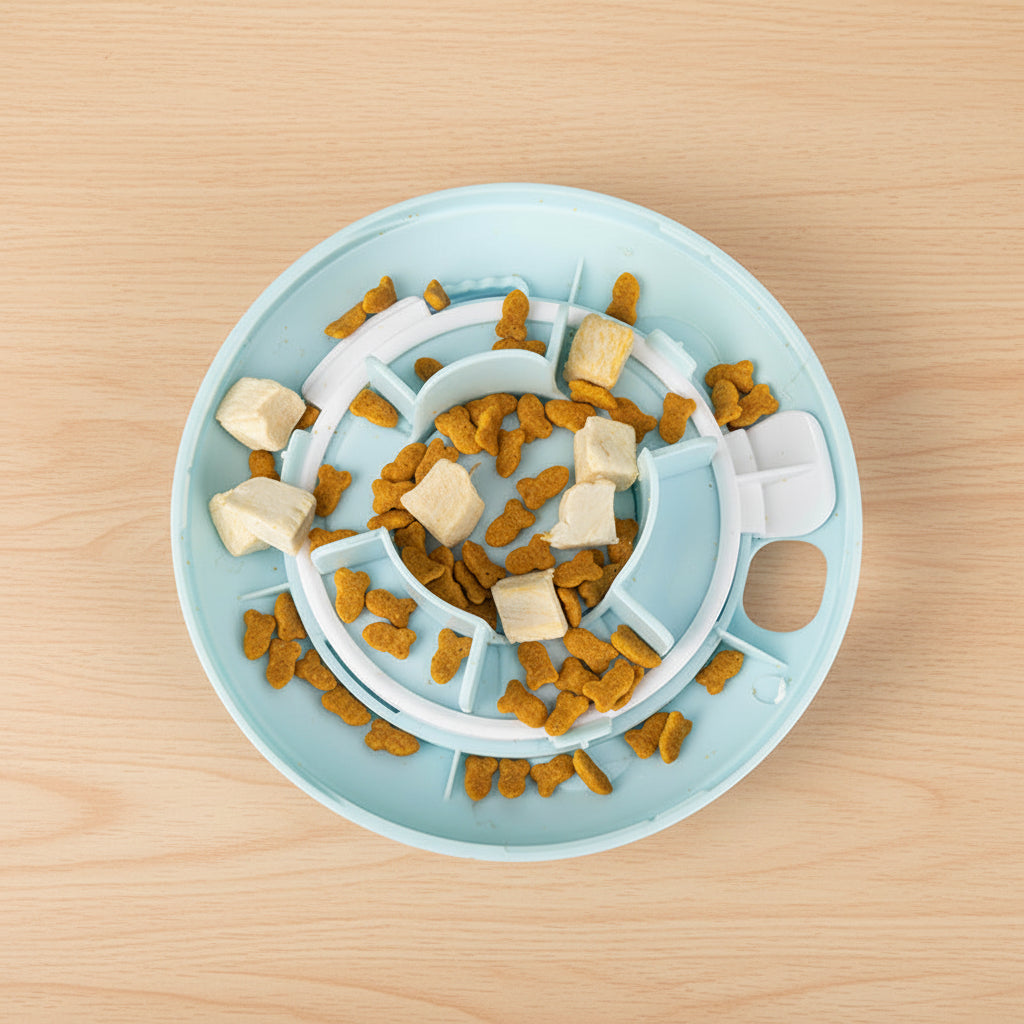 Pet puzzle toy with kibble and treats on a light blue background