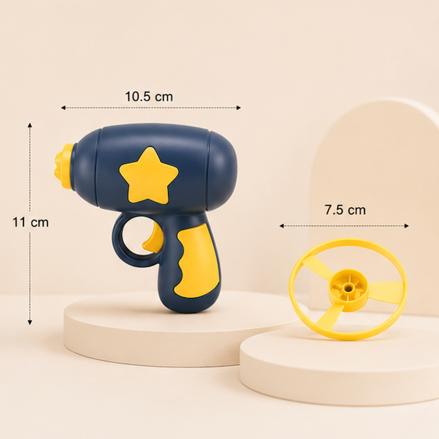 Interactive Flying Disc Launcher Cat Toy with measurements on a beige background