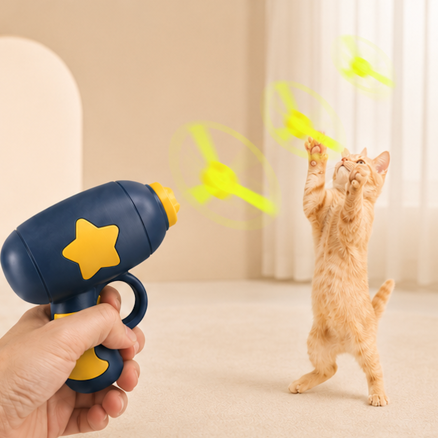 Cat playing with a Interactive Flying Disc Launcher Cat Toy held by a person