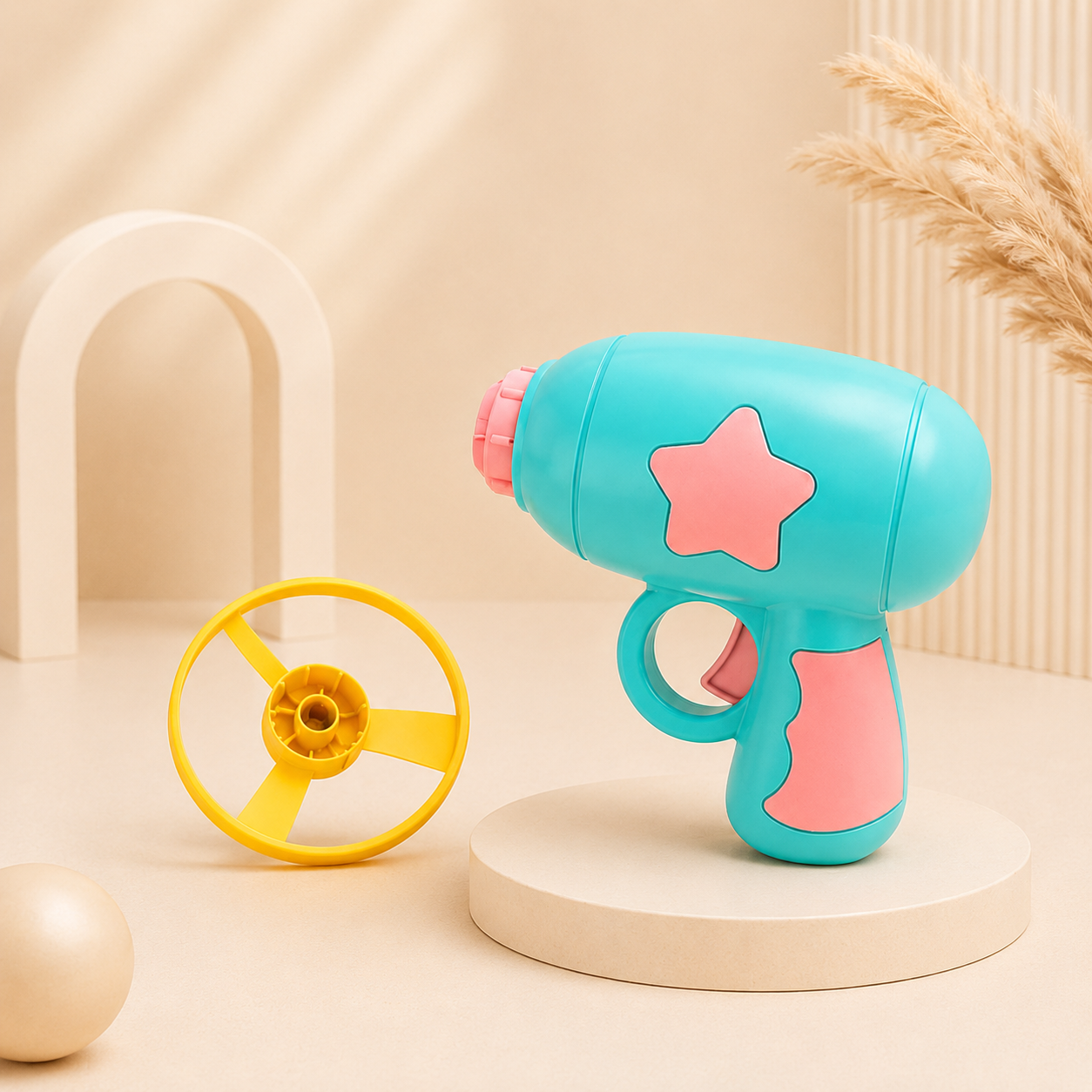 Interactive Flying Disc Launcher Cat Toy on a beige background