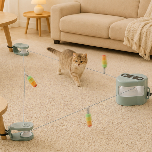 Cat playing with a Interactive Hunting Spinner for Cats in a living room