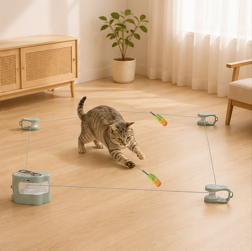 Cat playing with a Interactive Hunting Spinner on a wooden floor.