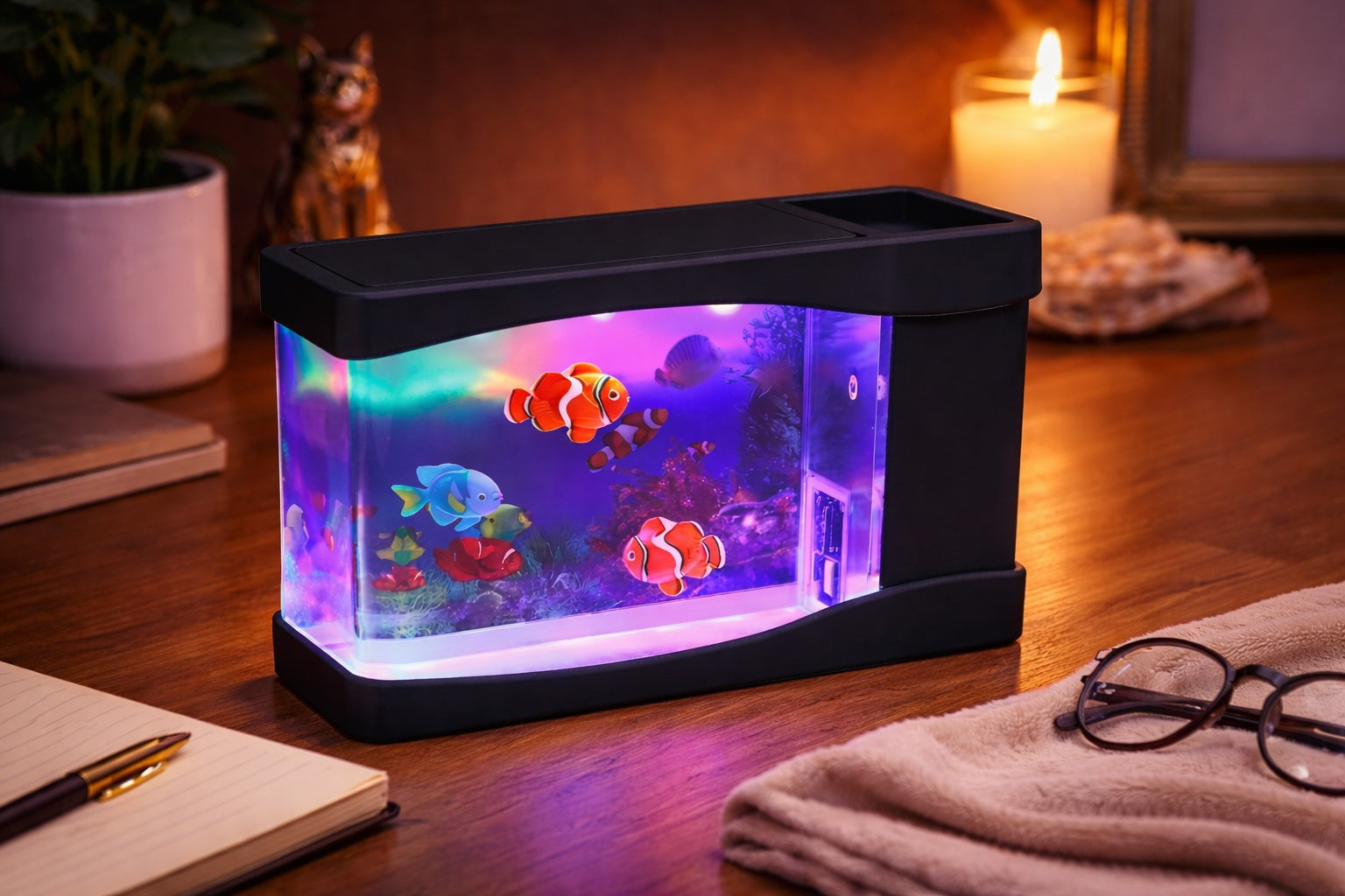 Interactive aquarium LED lamp for cats with color-changing lights and swimming fish