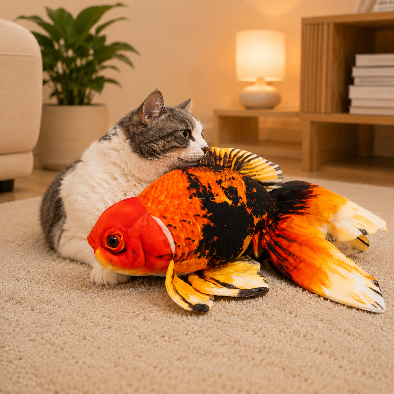 Cat playing with a Large Goldfish Kicker Plush on a carpeted floor.