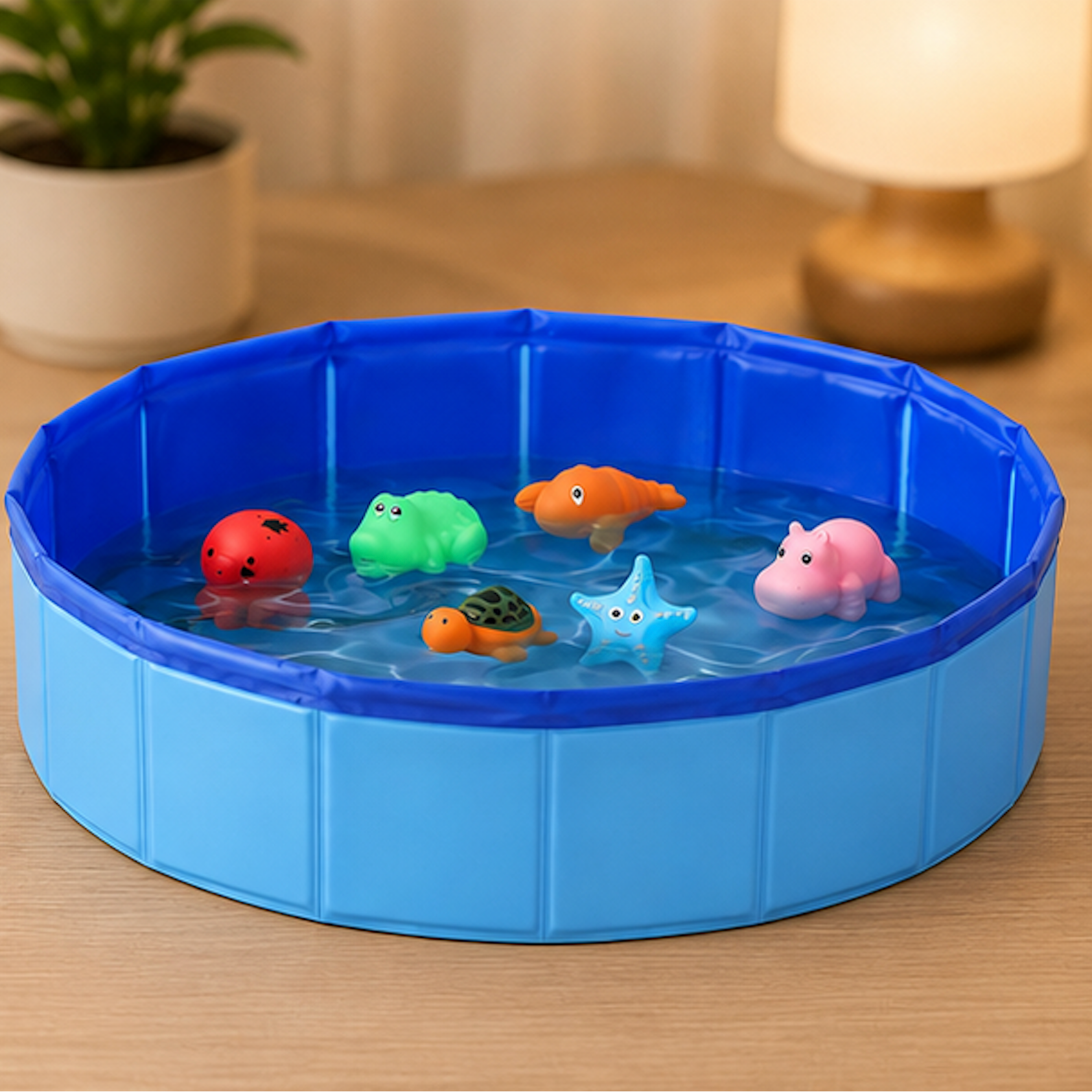 A blue collapsible plastic water pool on a wooden table, filled with water and several colorful toy animals including a red octopus, green crocodile, orange lobster, turtle, blue starfish, and pink hippo.