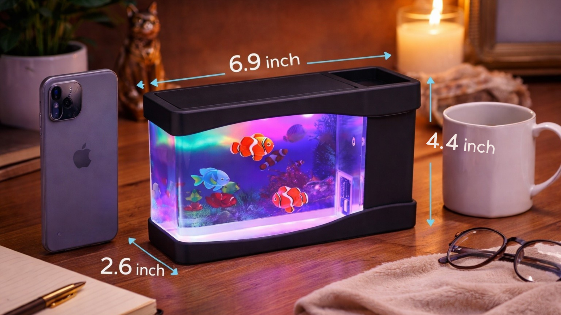 Interactive acquarium LED lamp for cats with color-changing lights and swimming fish