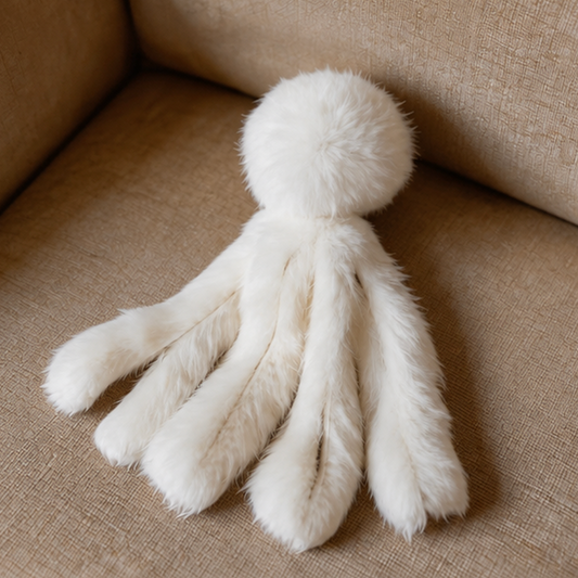 A white faux fur octopus plush toy with a round head and five long tentacles, resting on a beige textured fabric surface.