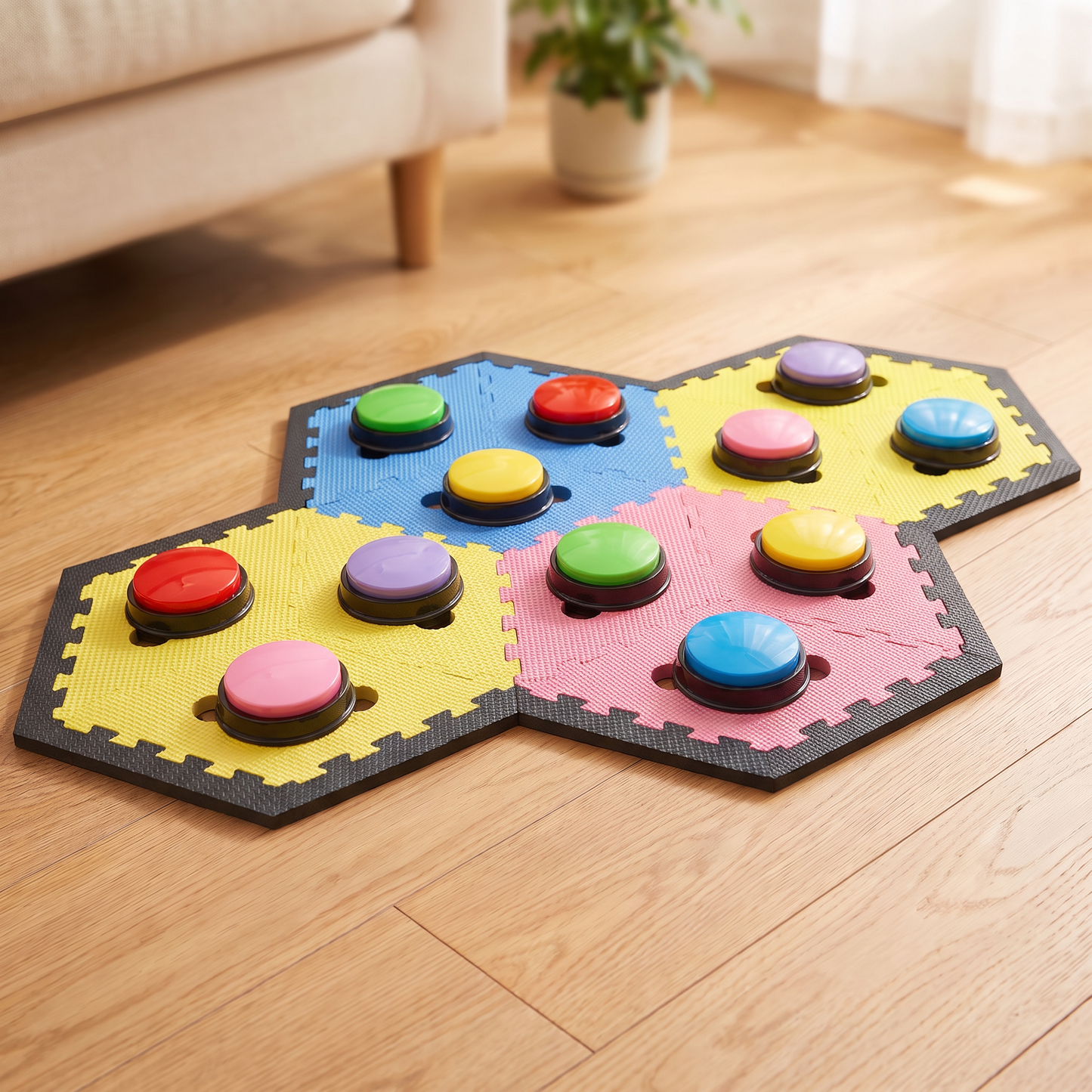 Four interlocking hexagonal foam floor mats in yellow, blue, pink, and dark gray placed on a light wood floor, holding twelve colorful recordable communication buttons for cats.