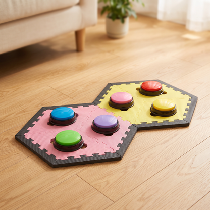 Two interlocking hexagonal foam floor mats in pink and yellow placed on a light wood floor, holding six colorful recordable communication buttons for cats.