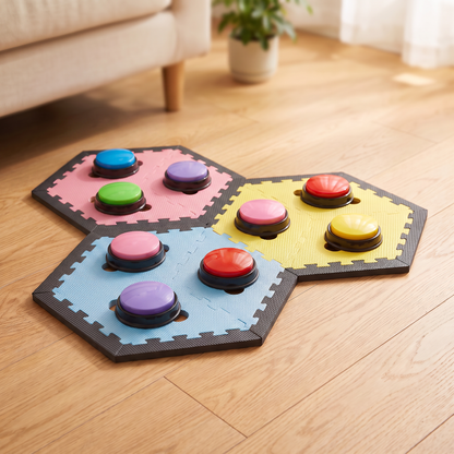 Three interlocking hexagonal foam floor mats in pink, light blue, and yellow with dark gray borders, placed on a light wood floor and holding nine colorful recordable sound buttons for cats.