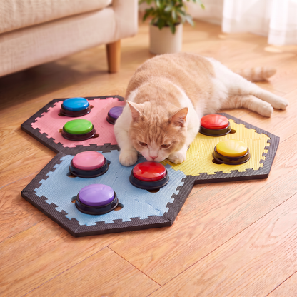 A ginger and white cat lying on a three-piece interlocking foam floor mat in pink, light blue, and yellow, pressing a red recordable sound button with its paw on a light wooden floor.