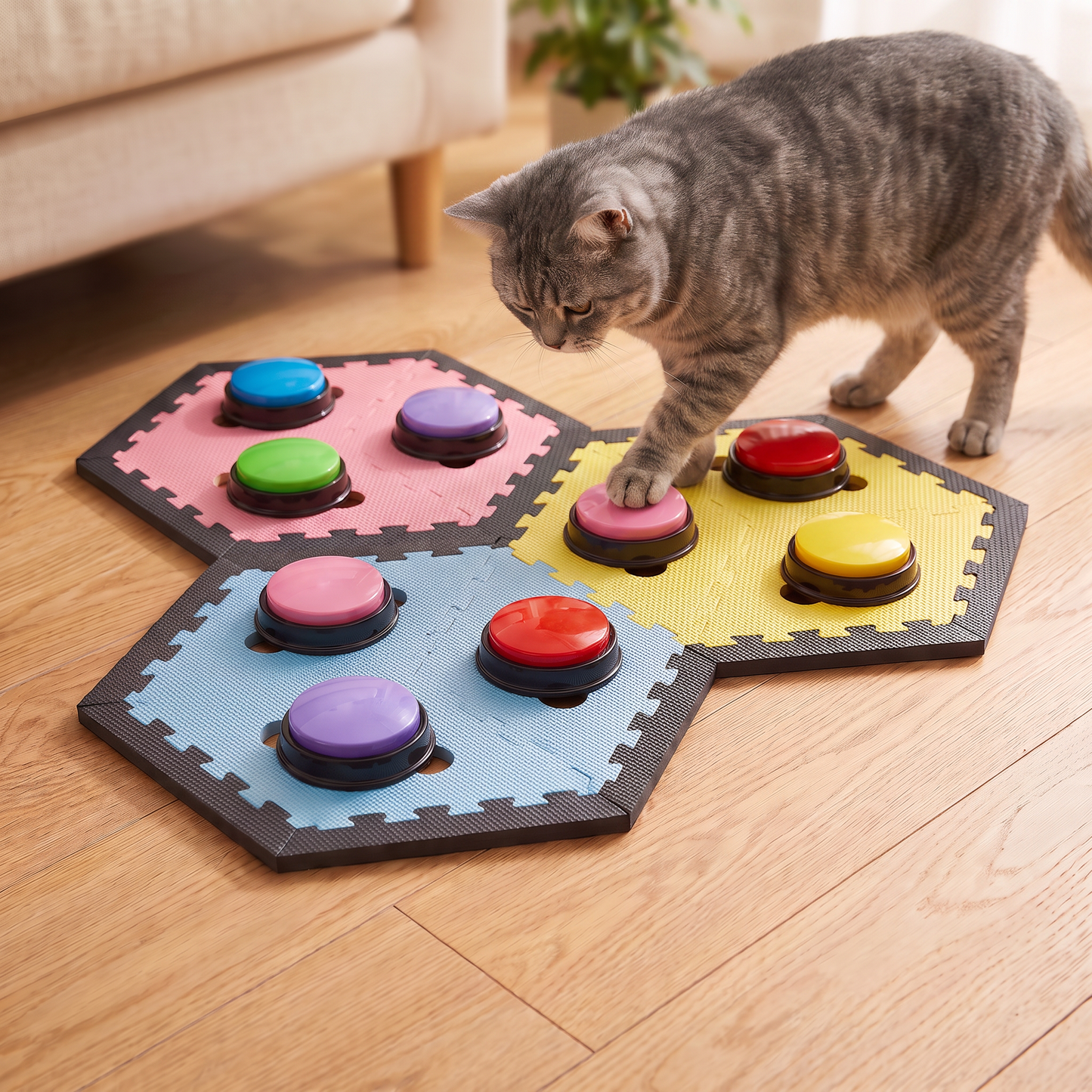 A gray tabby cat standing on a wooden floor in a living room, pressing its paw onto a pink recordable sound button attached to three interlocking hexagonal foam mats in pink, light blue, and yellow.