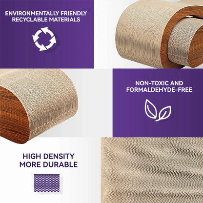 2-in-1 Cat Scratcher Cardboard Lounge Bed packaging with text highlighting environmentally friendly, recyclable, non-toxic, and durable features.