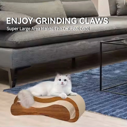 Cat using a wooden scratching post in a living room setting with text about claw grinding.