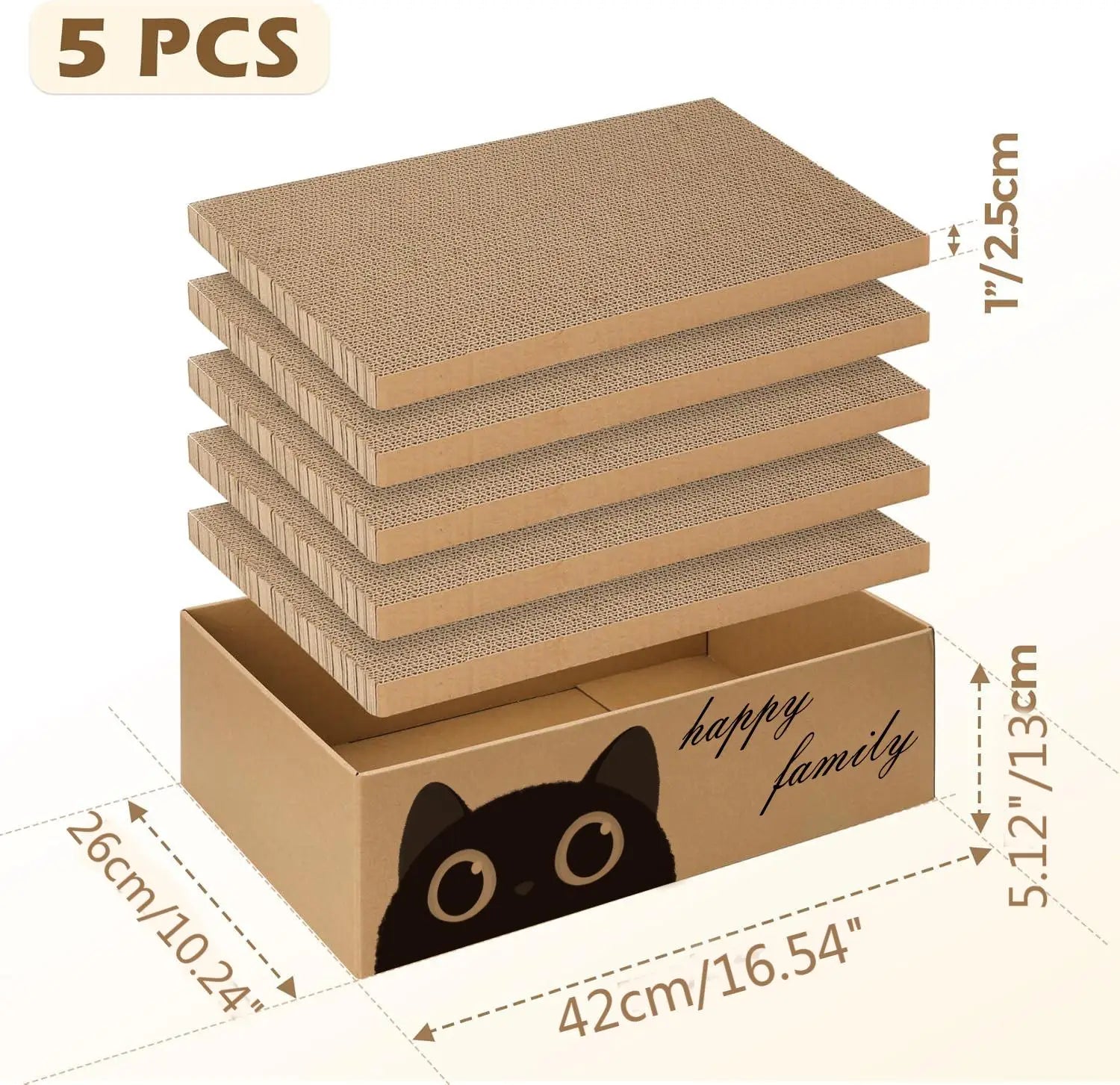 Set of five cat scratchers with a cardboard box labeled 'happy family' and dimensions displayed.