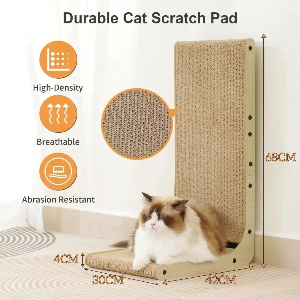 Cat scratch pad with cat sitting on it, features highlighted, and measurements shown.