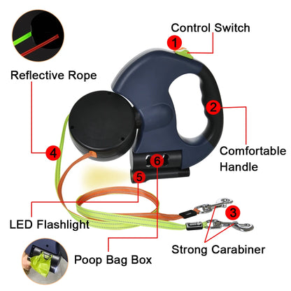 3M Retractable Dual Dog Leash with LED Lights
