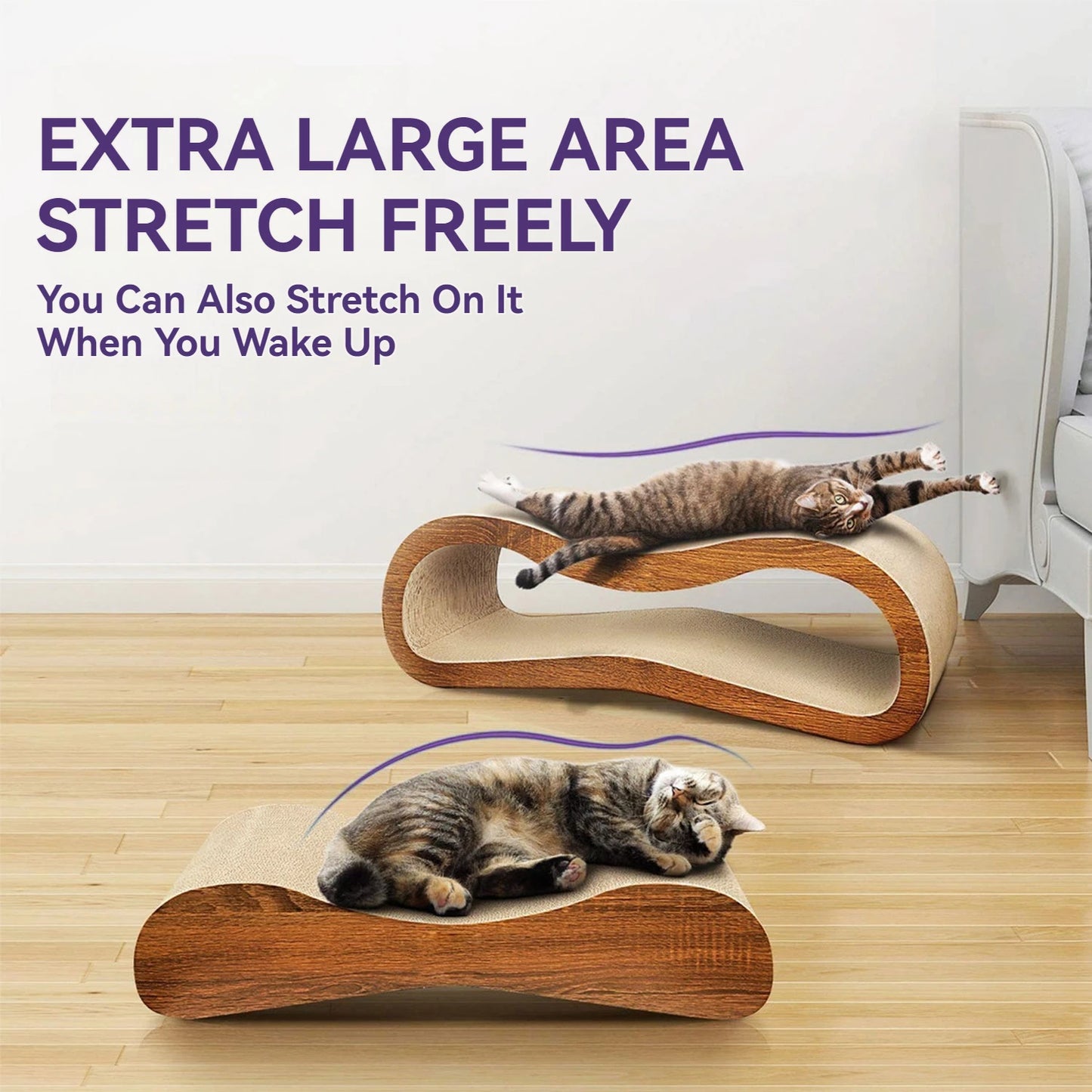 Two cats stretching on a 2-in-1 Cat Scratcher Cardboard Lounge Bed with text about extra large area stretching.