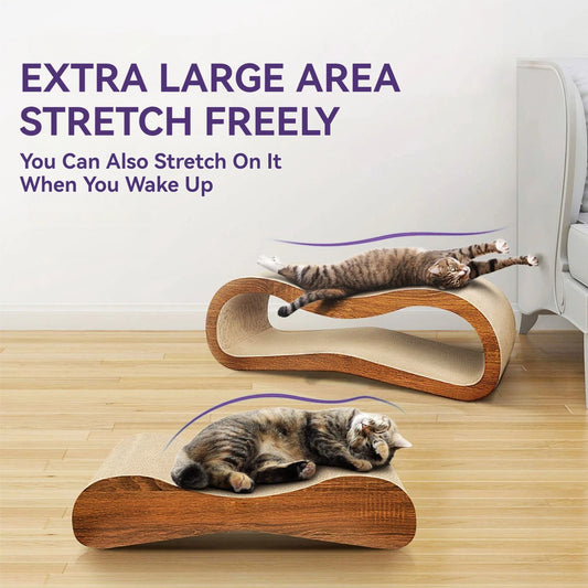 Two cats stretching on a 2-in-1 Cat Scratcher Cardboard Lounge Bed with text about extra large area stretching.