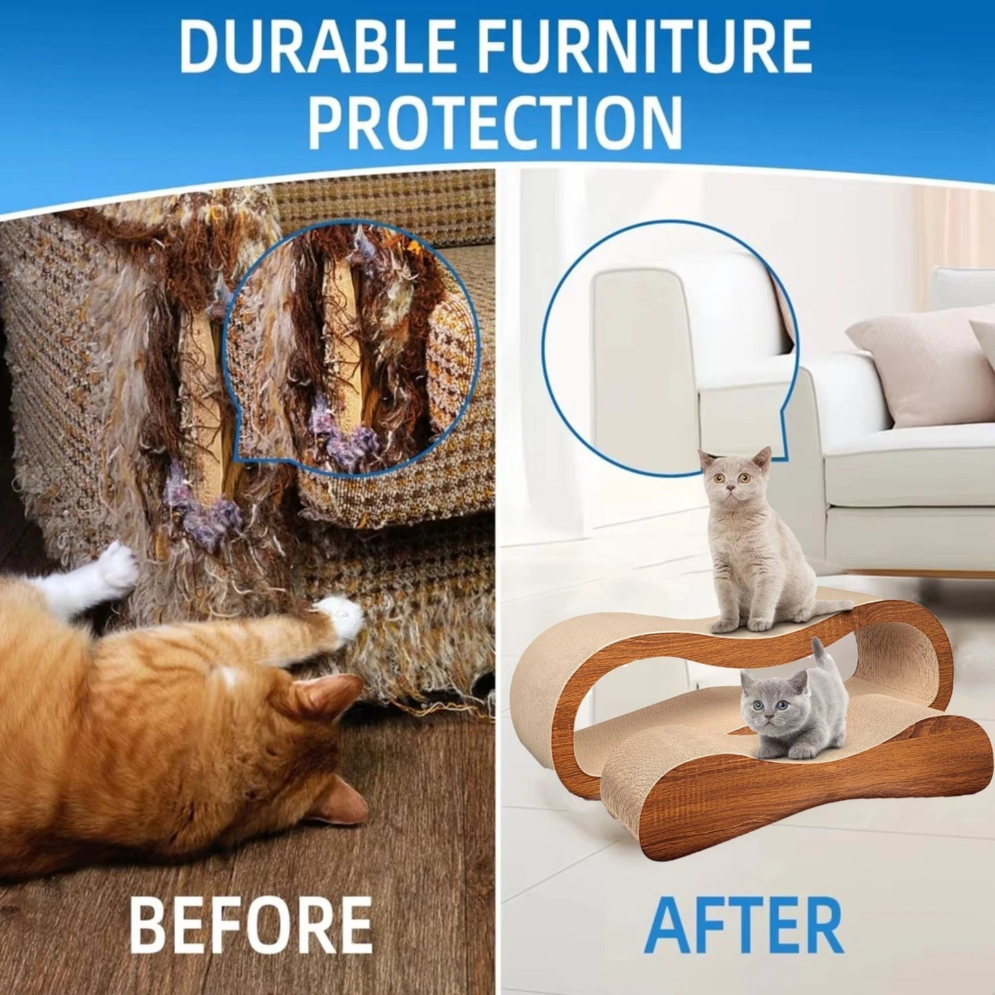 Before and after comparison of furniture damage caused by pets with a 2-in-1 Cat Scratcher Cardboard Lounge Bed.