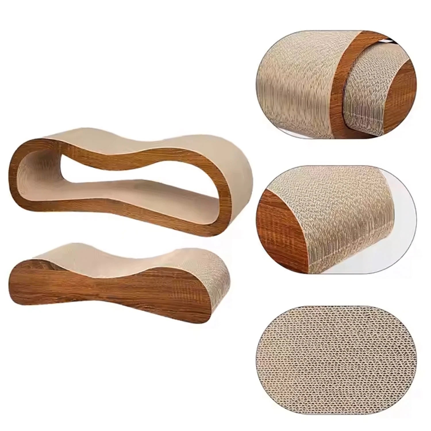 Set of cat scratchers with wooden and cardboard design on a white background