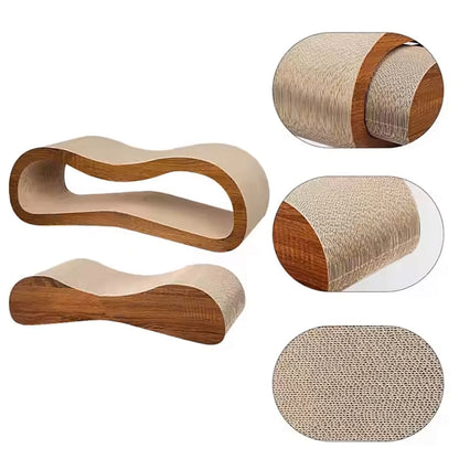 Set of cat scratchers with wooden and cardboard design on a white background