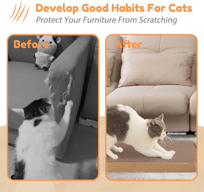 Before and after images of a cat using a scratching pad on a couch.
