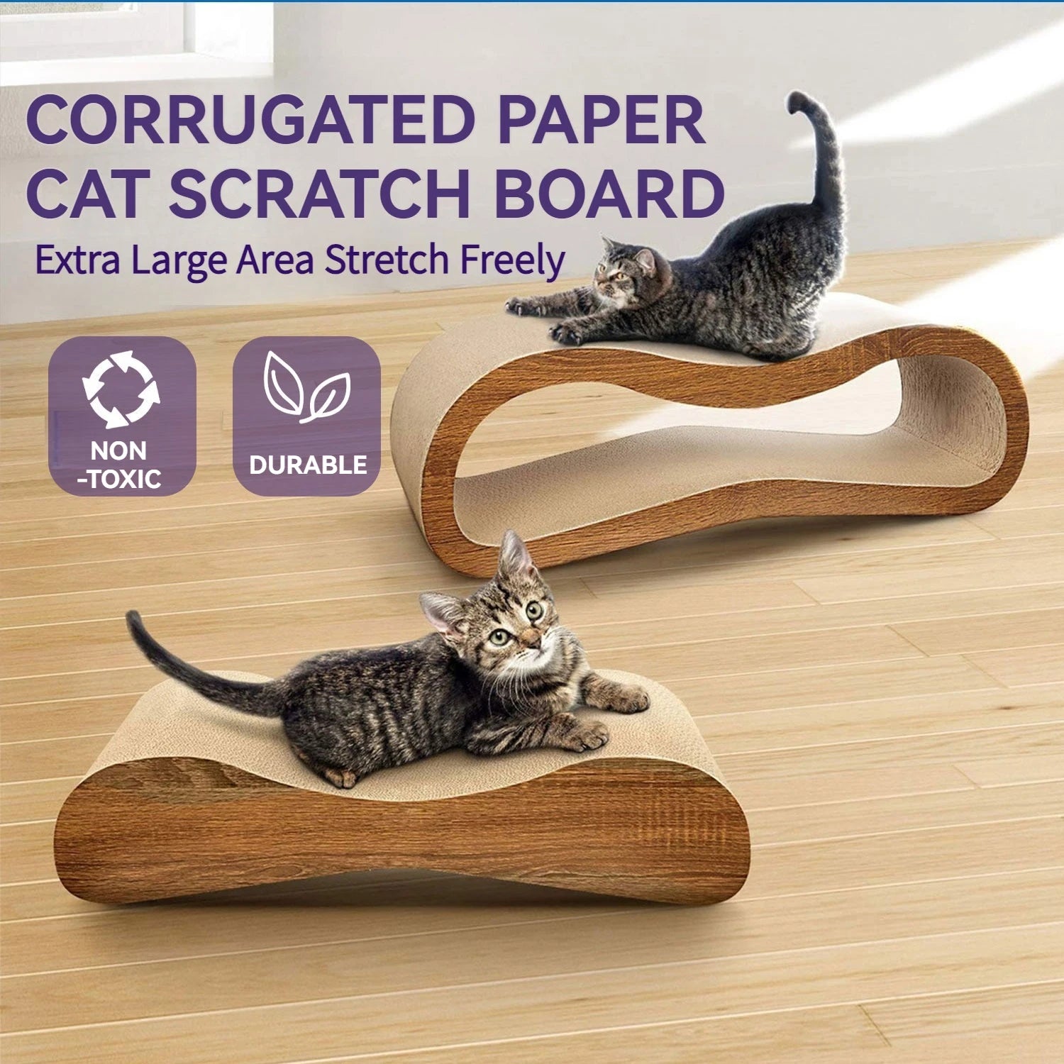 Corrugated paper cat scratch board with cats on a wooden floor, featuring non-toxic and durable labels.
