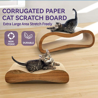 Corrugated paper cat scratch board with cats on a wooden floor, featuring non-toxic and durable labels.