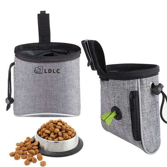 Dog training bag with a bowl of dog food on a white background