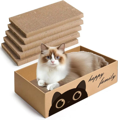 Cat lying on a cardboard box with 'happy family' text and cat design, surrounded by stacked corrugated cat scratchers.
