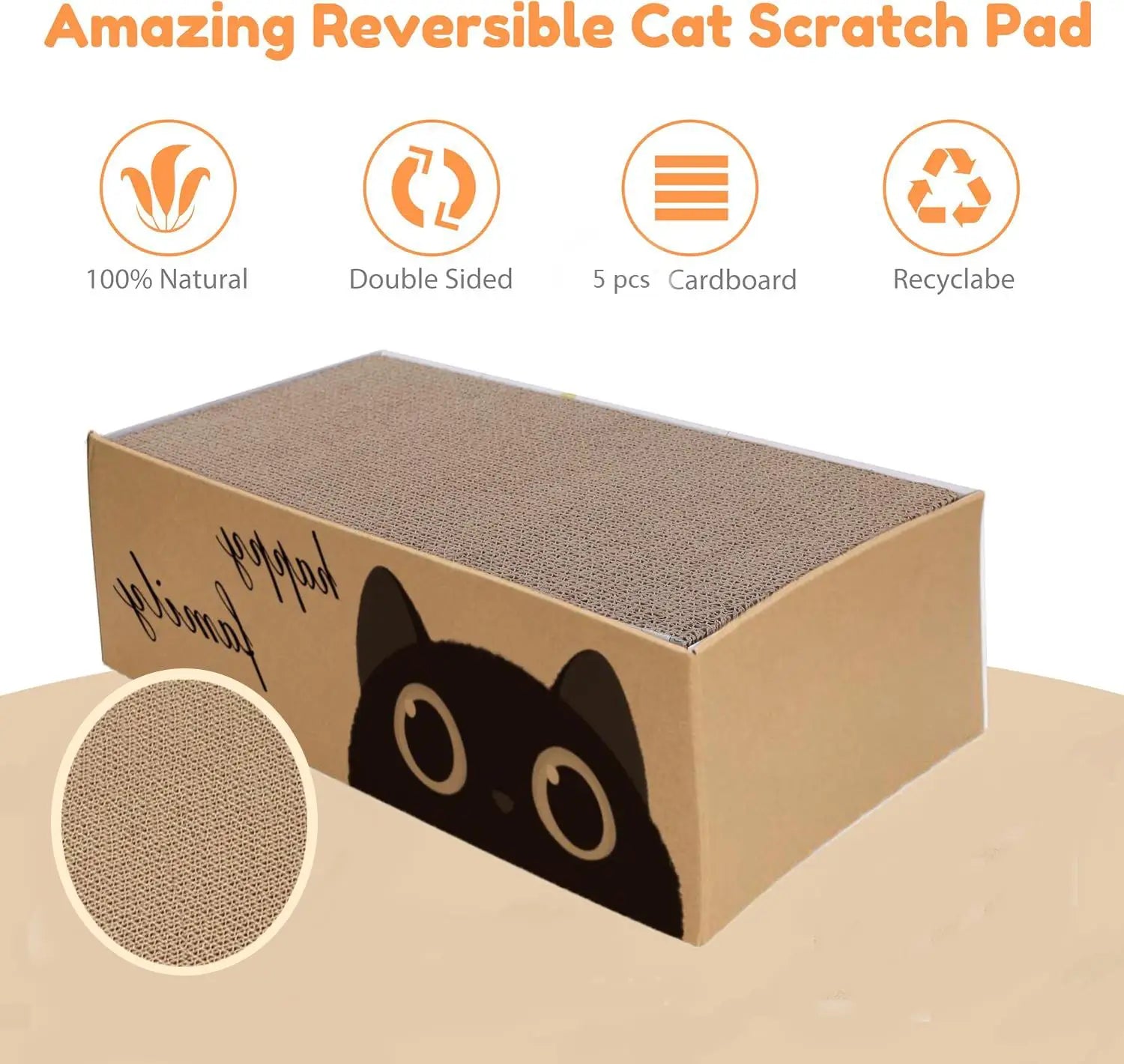 Cat scratch pad with cardboard backing and cat illustration on a beige background
