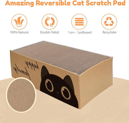 Cat scratch pad with cardboard backing and cat illustration on a beige background