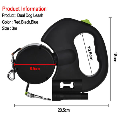 3M Retractable Dual Dog Leash with LED Lights
