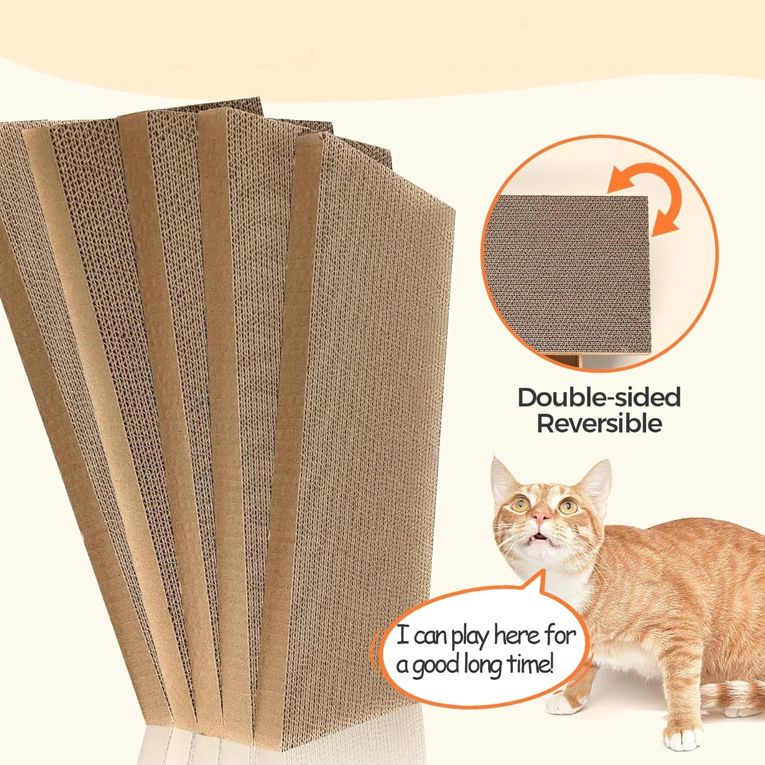 Cat scratcher with double-sided design and a cat indicating it can play for a long time.
