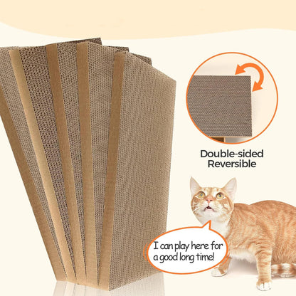 Cat scratcher with double-sided design and a cat indicating it can play for a long time.