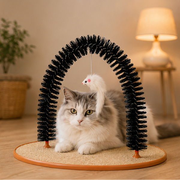 Cat playing with a Self-Grooming Cat Arch Toy with a white mouse attachment on a wooden floor.