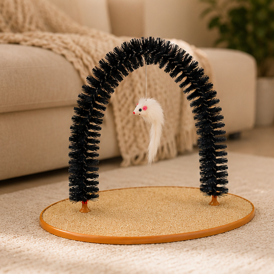Self-Grooming Cat Arch Toy with a dangling white mouse on a carpeted floor.