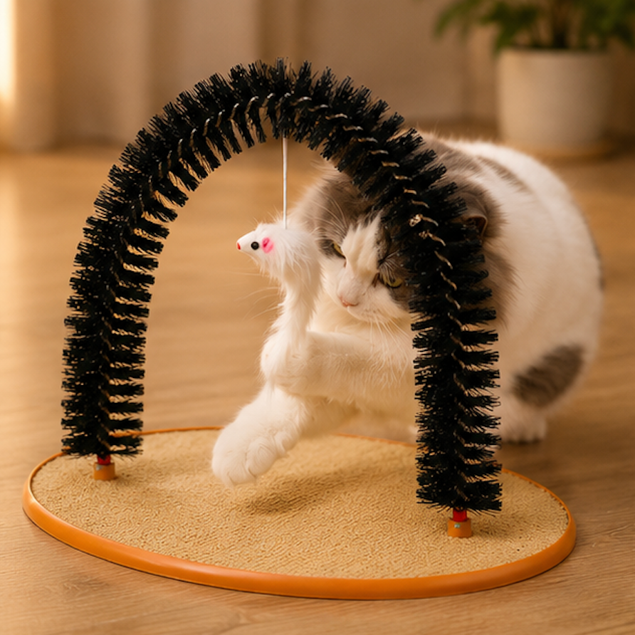 Cat playing with a Self-Grooming Cat Arch Toy and mouse on a wooden floor