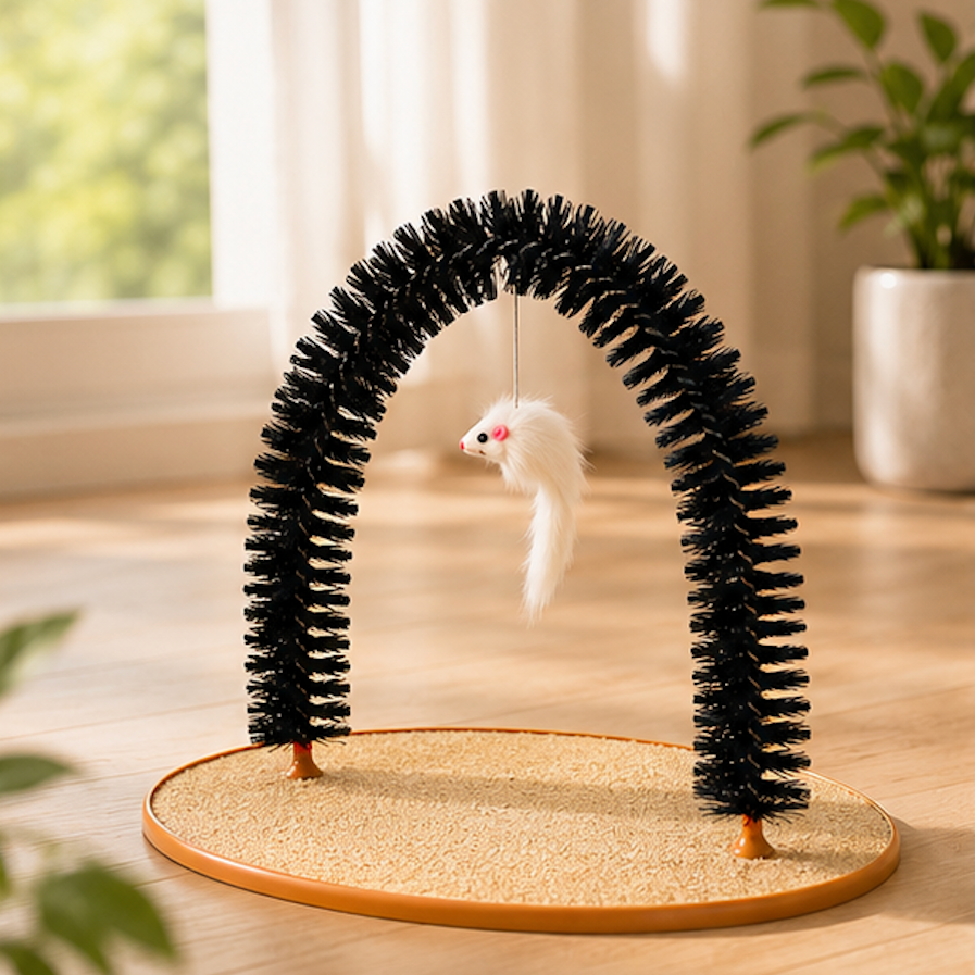Self-Grooming Cat Arch Toy with a hanging catnip mouse on a wooden base in a bright room.