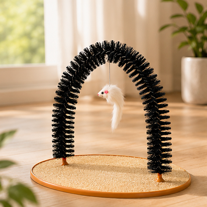 Self-Grooming Cat Arch Toy with a hanging catnip mouse on a wooden base in a bright room.