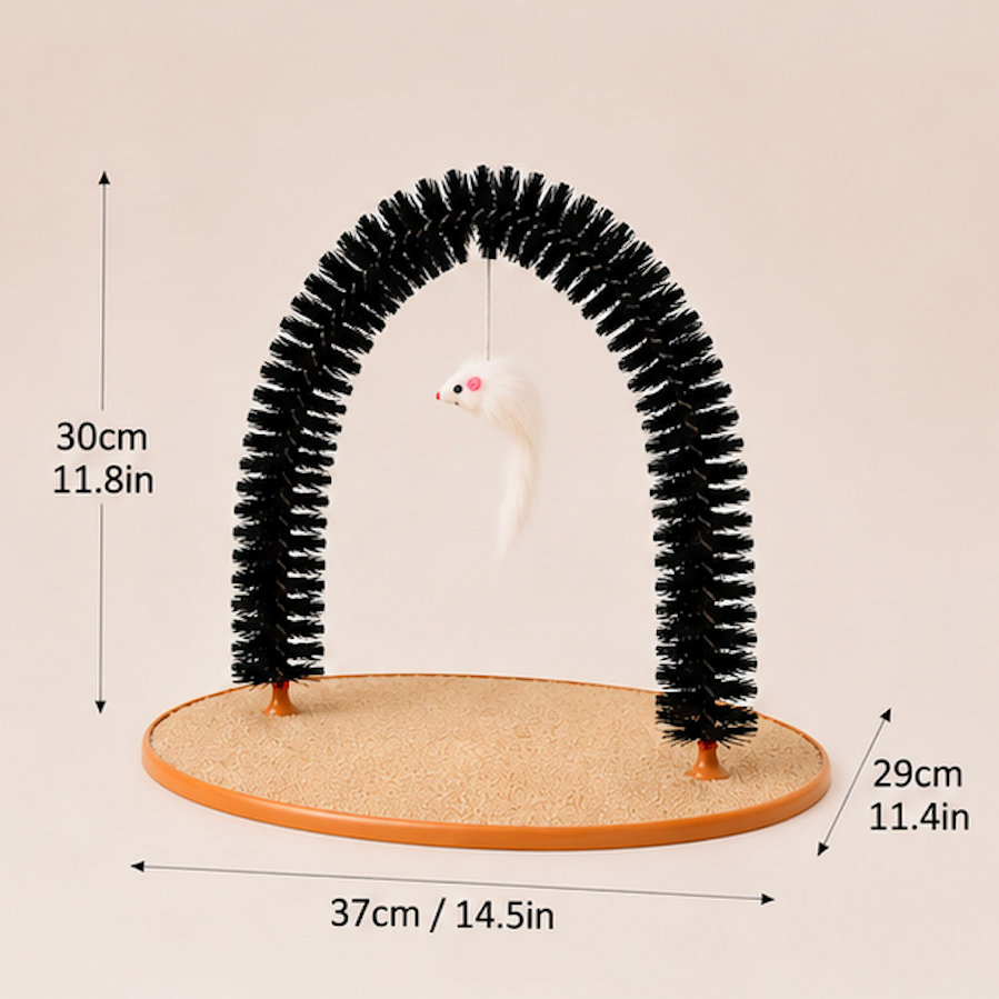 Self-Grooming Cat Arch Toy with dimensions on a beige background