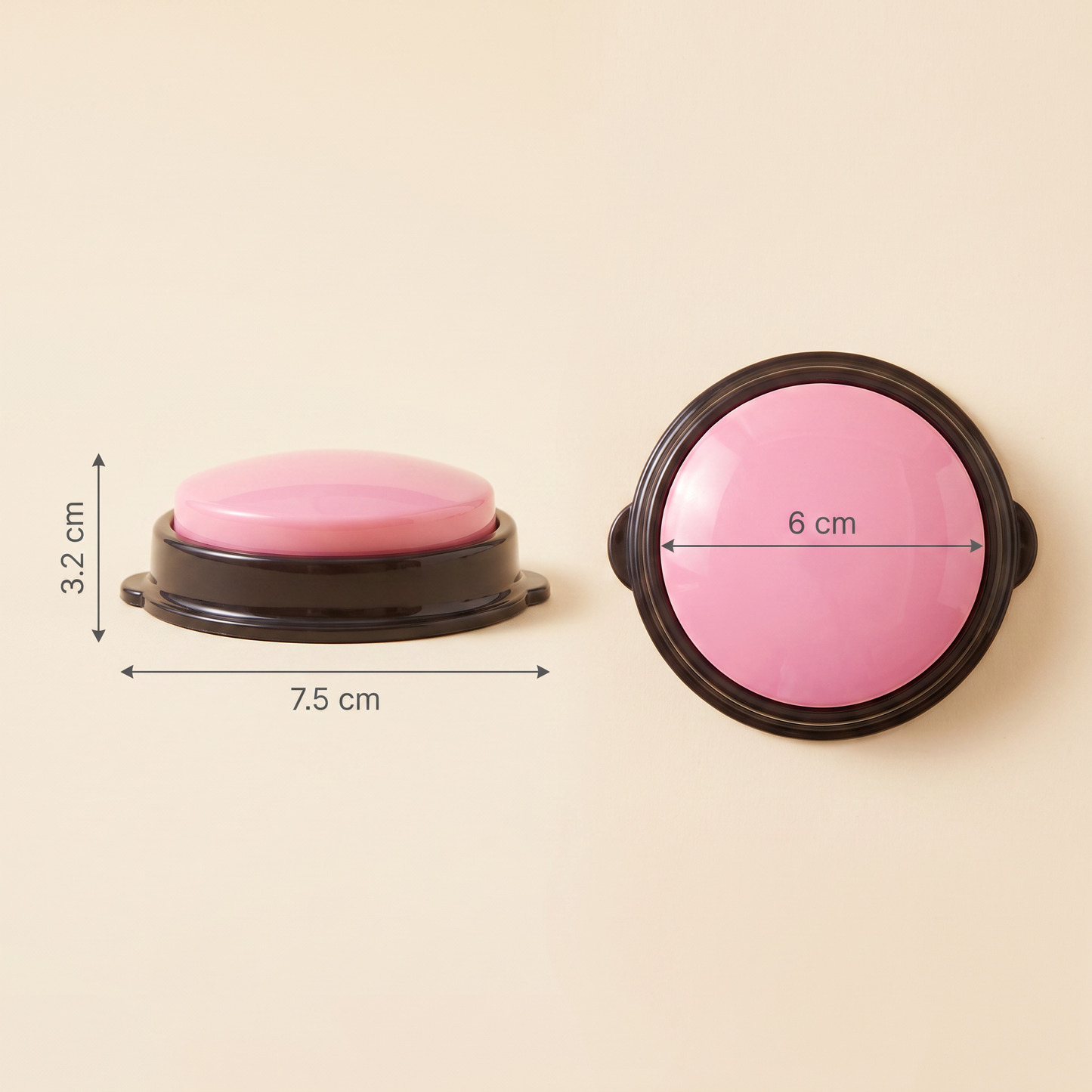 A pink circular recordable sound button with a dark base, shown from two angles on a light beige background, featuring dimension arrows indicating a height of 3.2 cm, a base diameter of 7.5 cm, and a top cover width of 6 cm.