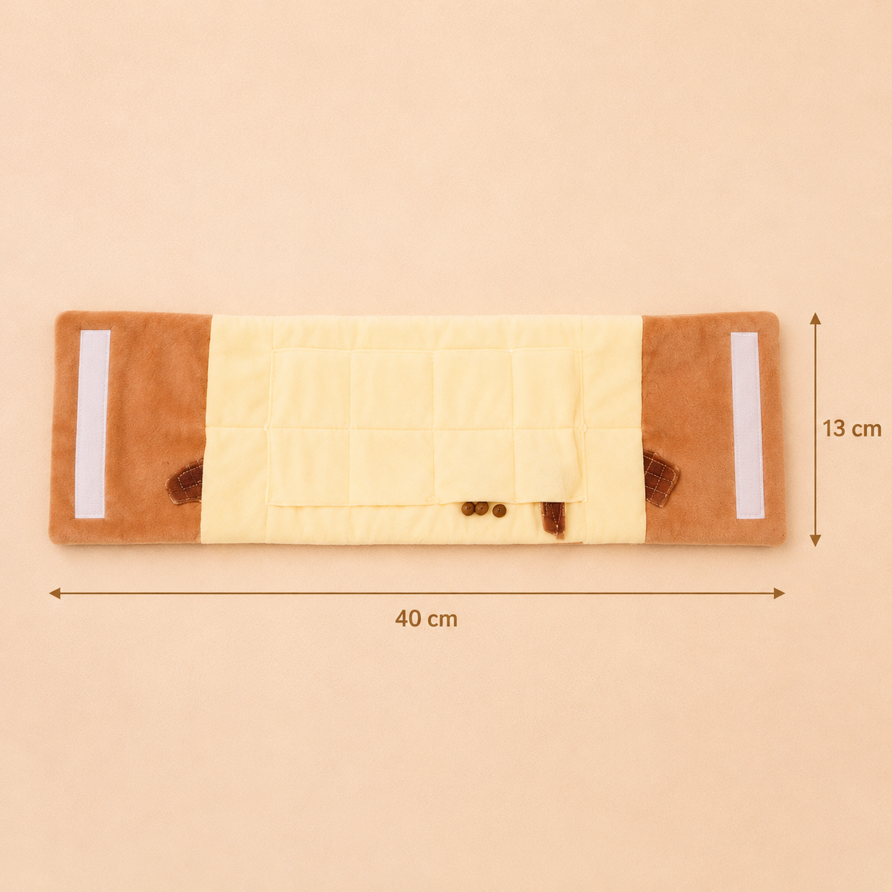 An open, rectangular fabric cat snuffle wallet shown flat on a soft beige background, featuring dimension arrows indicating a length of 40 cm and a width of 13 cm.