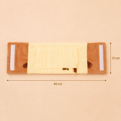 An open, rectangular fabric cat snuffle wallet shown flat on a soft beige background, featuring dimension arrows indicating a length of 40 cm and a width of 13 cm.