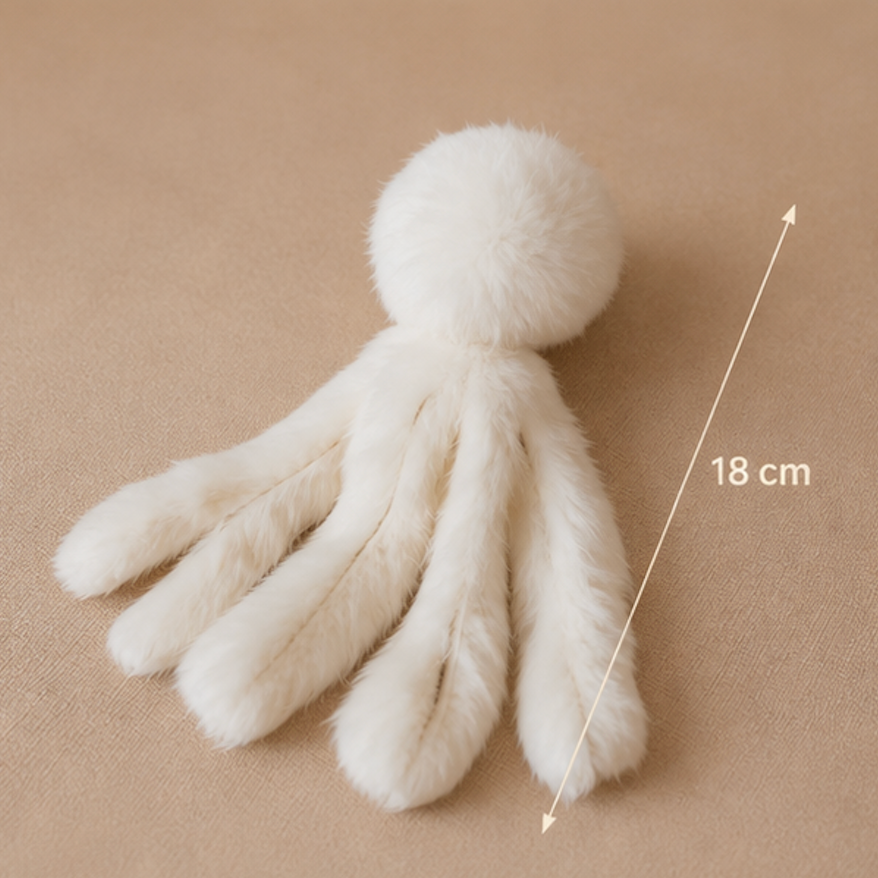 A white faux-fur octopus-shaped plush toy with a round head and five long tentacles, shown on a beige textured background with a measurement arrow and text indicating 18 cm height.